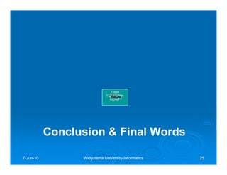 Future
                             Convergence
                                5m00




           Conclusion & Final Words

7-Jun-10
  Jun-           Widyatama University-Informatics
                           University-              25
 