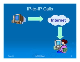 IP-to-IP Calls
           IP-to-

                               Internet




7-Jun-10
  Jun-         IMT MM-Biztel
                   MM-                    8
 