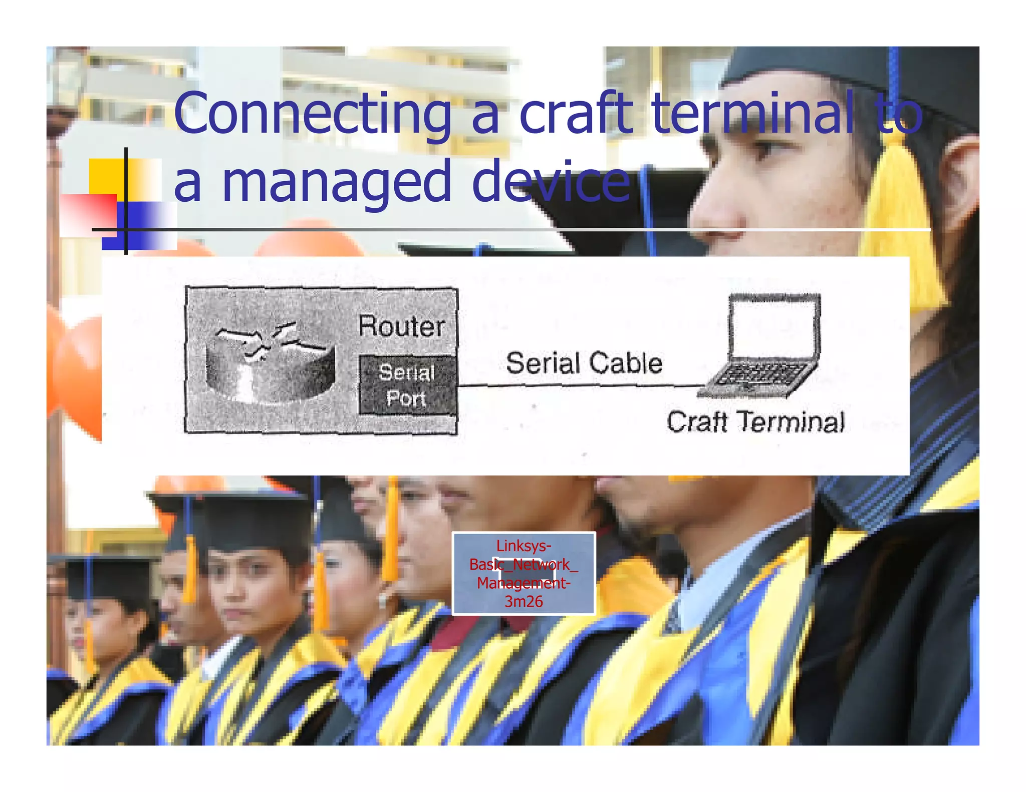 Connecting a craft terminal to
a managed device
 Fig 3-10




                Linksys-
            Basic_Network_
             Management-
                 3m26
 