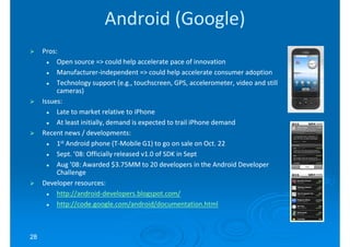 Android (Google)
     Pros:
          Open source => could help accelerate pace of innovation
          Manufacturer-
          Manufacturer-independent => could help accelerate consumer adoption
          Technology support (e.g., touchscreen, GPS, accelerometer, video and still
                                       touchscreen,
          cameras)
     Issues:
          Late to market relative to iPhone
          At least initially, demand is expected to trail iPhone demand
     Recent news / developments:
          1st Android phone (T-Mobile G1) to go on sale on Oct. 22
                                (T-
          Sept. ’08: Officially released v1.0 of SDK in Sept
          Aug ’08: Awarded $3.75MM to 20 developers in the Android Developer
          Challenge
     Developer resources:
          http://android-
          http://android-developers.blogspot.com/
          http://code.google.com/android/documentation.html



28
 