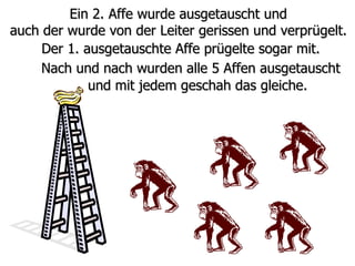 Ein 2. Affe wurde ausgetauscht und  auch der wurde von der Leiter gerissen und verprügelt.   Nach und nach wurden alle 5 Affen ausgetauscht und mit jedem geschah das gleiche.  Der 1. ausgetauschte Affe prügelte sogar mit.  