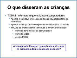 O que disseram as crianças
 TODAS informaram que utilizavam computadores
   Apenas 1 estudava em escola onde não havia laboratório de
    informática
   Apenas 1 criança usava computador no laboratório da escola
   TODAS as crianças iam a lan house e tinham preferências:
      • Meninas: ferramentas de comunicação
      • Meninos: jogos
      • Uso do Inglês



      A escola trabalha com os conhecimentos que
         as crianças adquirem nesses espaços?
 