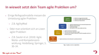 Wie agile ist dein Team?
In wieweit setzt dein Team agile Praktiken um?
• Einige Reifegradmodelle messen die
Umsetzung agiler Praktiken
• Z.B. AgilityMod
• Oder man orientiert sich an Listen
agiler Praktiken
• Z.B. Sauter et al. (2018): Agile
Werte- und Kompetenzent-
wicklung. Heidelberg: Springer, S.
30–34.
 