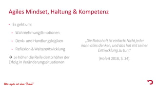 Wie agile ist dein Team?
Agiles Mindset, Haltung & Kompetenz
• Es geht um:
• Wahrnehmung/Emotionen
• Denk- und Handlungslogiken
• Reflexion & Weiterentwicklung
→ Je höher die Reife desto höher der
Erfolg in Veränderungssituationen
„Die Botschaft ist einfach: Nicht jeder
kann alles denken, und das hat mit seiner
Entwicklung zu tun.“
(Hofert 2018, S. 34).
 