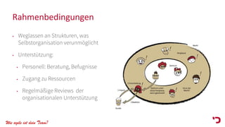 Wie agile ist dein Team?
Rahmenbedingungen
• Weglassen an Strukturen, was
Selbstorganisation verunmöglicht
• Unterstützung:
• Personell: Beratung, Befugnisse
• Zugang zu Ressourcen
• Regelmäßige Reviews der
organisationalen Unterstützung
 