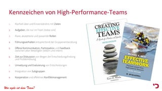 Wie agile ist dein Team?
Kennzeichen von High-Performance-Teams
1. Klarheit über und Einverständnis mit Zielen
2. Aufgaben, die nur im Team lösbar sind
3. Klare, akzeptierte und passende Rollen
4. Führungsverhalten entsprechend der Gruppenentwicklung
5. Offene Kommunikation, Partizipation und Feedback
zwischen allen Beteiligten (extern und intern)
6. Zeit zur Diskussion von Wegen der Entscheidungsfindung
und Problemlösung
7. Umsetzung und Evaluierung von Entscheidungen
8. Integration von Subgruppen
9. Kooperation und effektives Konfliktmanagement
 