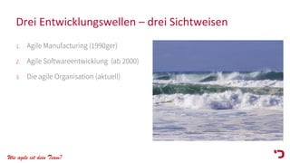 Wie agile ist dein Team?
Drei Entwicklungswellen – drei Sichtweisen
1. Agile Manufacturing (1990ger)
2. Agile Softwareentwicklung (ab 2000)
3. Die agile Organisation (aktuell)
 