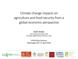 Climate change impacts on
agriculture and food security from a
global economic perspective
Keith Wiebe
Senior Research Fellow, IFPRI
Co-leader, AgMIP Global Economics Team
IFPRI Policy Seminar
Washington DC, 11 April 2016
 