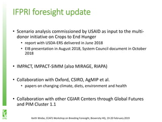 IFPRI foresight update
• Scenario analysis commissioned by USAID as input to the multi-
donor initiative on Crops to End Hunger
• report with USDA-ERS delivered in June 2018
• EIB presentation in August 2018, System Council document in October
2018
• IMPACT, IMPACT-SIMM (also MIRAGE, RIAPA)
• Collaboration with Oxford, CSIRO, AgMIP et al.
• papers on changing climate, diets, environment and health
• Collaboration with other CGIAR Centers through Global Futures
and PIM Cluster 1.1
Keith Wiebe, CCAFS Workshop on Breeding Foresight, Bioversity HQ, 19-20 February 2019
 