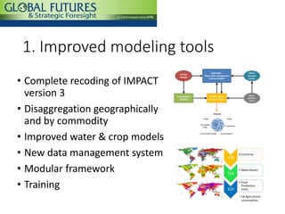 1. Improved modeling tools
• Complete recoding of IMPACT
version 3
• Disaggregation geographically
and by commodity
• Impr...