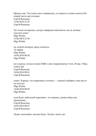 Пришел уже. Эта схема здесь понравилась, за скорость готовы платить) По
второй части еще уточняю
Сергій Власенко
15.06.2014 21:25
Сергій Власенко
Ты только поторопись, как раз заварушка намечается, мы не должны
упустить шанс!
Olga Wieber
15.06.2014 21:26
Olga Wieber
ок, встреча вечером, сразу отпишусь.
16 червня
Olga Wieber
16.06.2014 00:38
Olga Wieber
все уладила, столько нужно ЕЩЕ к уже отправленному: 8 cor, 28 nep, 13hep,
6 pan,2 pul
Сергій Власенко
16.06.2014 00:41
Сергій Власенко
понял. Хорошо, что оперативно уточнила — лишнего набирать тоже как-то
не хочется!
Olga Wieber
16.06.2014 00:42
Olga Wieber
если будет небольшой перелимит - не страшно, думаю найду ему
применение...
Сергій Власенко
16.06.2014 00:47
Сергій Власенко
Ладно, посмотрим, сколько будет. Я ушел, много дел
 