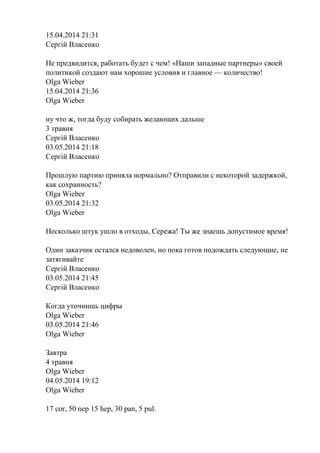 15.04.2014 21:31
Сергій Власенко
Не предвидится, работать будет с чем! «Наши западные партнеры» своей
политикой создают нам хорошие условия и главное — количество!
Olga Wieber
15.04.2014 21:36
Olga Wieber
ну что ж, тогда буду собирать желающих дальше
3 травня
Сергій Власенко
03.05.2014 21:18
Сергій Власенко
Прошлую партию приняла нормально? Отправили с некоторой задержкой,
как сохранность?
Olga Wieber
03.05.2014 21:32
Olga Wieber
Несколько штук ушло в отходы, Сережа! Ты же знаешь допустимое время!
Один заказчик остался недоволен, но пока готов подождать следующие, не
затягивайте
Сергій Власенко
03.05.2014 21:45
Сергій Власенко
Когда уточнишь цифры
Olga Wieber
03.05.2014 21:46
Olga Wieber
Завтра
4 травня
Olga Wieber
04.05.2014 19:12
Olga Wieber
17 cor, 50 nep 15 hep, 30 pan, 5 pul.
 