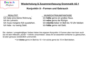 Wiederholung & Zusammenfassung Grammatik A2.1
Konjunktiv II - Formen und Gebrauch
REALITÄT WUNSCH/TRAUM/FANTASIE
Ich habe eine kleine Wohnung. Ich hätte gerne ein groβes Haus.
Ich bin Lehrerin. Ich wäre gerne die Königin
Ich muss morgens früh ausstehen. Ich möchte lieber im Bett bis 10 Uhr bleiben
Ich habe nur wenig Geld. Ich hätte gerne viel Geld.
Die starken / unregelmäβigen Verben haben ihre eigenen Konjunktiv II Formen aber man kann auch
sie mit dem Hilfsverb „würde“ + Infinitiv umschrieben. Diese Art ist wesentlich einfacher zu gebrauchen,
ist aber genauso verständlich und korrekt:
• Ich bliebe gerne im Bett bis 10 = Ich würde gerne bis 10 im Bett bleiben.
 