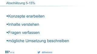 @OliverLemm@OliverLemm
Konzepte erarbeiten
Inhalte verstehen
Fragen verfassen
mögliche Umsetzung beschreiben
Abschätzung 5-15%
 