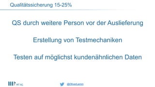 @OliverLemm@OliverLemm
QS durch weitere Person vor der Auslieferung
Erstellung von Testmechaniken
Testen auf möglichst kundenähnlichen Daten
Qualitätssicherung 15-25%
 