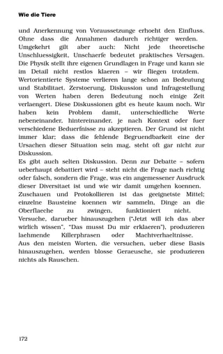 Wie die Tiere
und Anerkennung von Voraussetzunge erhoeht den Einfluss. 
Ohne   dass   die   Annahmen   dadurch   richtiger   werden.  
Umgekehrt   gilt   aber   auch:   Nicht   jede   theoretische 
Unschluessigkeit,   Unschaerfe   bedeutet   praktisches   Versagen. 
Die Physik stellt ihre eigenen Grundlagen in Frage und kann sie 
im   Detail   nicht   restlos   klaeren   –   wir   fliegen   trotzdem.  
Wertorientierte   Systeme   verlieren   lange   schon   an   Bedeutung 
und   Stabilitaet.   Zerstoerung,   Diskussion   und   Infragestellung 
von   Werten   haben   deren   Bedeutung   noch   einige   Zeit 
verlaengert. Diese Diskussionen gibt es heute kaum noch. Wir 
haben   kein   Problem   damit,   unterschiedliche   Werte 
nebeneinander,   hintereinander,   je   nach   Kontext   oder   fuer 
verschiedene Beduerfnisse zu akzeptieren. Der Grund ist nicht 
immer   klar;   dass   die   fehlende   Begruendbarkeit   eine   der 
Ursachen   dieser   Situation   sein   mag,   steht  oft   gar  nicht   zur 
Diskussion.  
Es   gibt   auch  selten   Diskussion.   Denn   zur   Debatte  –   sofern 
ueberhaupt debattiert wird – steht nicht die Frage nach richtig 
oder falsch, sondern die Frage, was ein angemessener Ausdruck 
dieser Diversitaet ist und wie wir damit umgehen koennen.  
Zuschauen   und   Protokollieren   ist   das   geeignetste   Mittel; 
einzelne   Bausteine   koennen   wir   sammeln,   Dinge   an   die 
Oberflaeche   zu   zwingen,   funktioniert   nicht.  
Versuche,   darueber   hinauszugehen   (“Jetzt   will   ich   das   aber 
wirlich wissen”, “Das  musst  Du mir  erklaeren”), produzieren 
laehmende   Killerphrasen   oder   Machtverhaeltnisse.  
Aus   den   meisten   Worten,   die   versuchen,   ueber   diese   Basis 
hinauszugehen,   werden   blosse   Geraeusche,   sie   produzieren 
nichts als Rauschen. 
172
 
