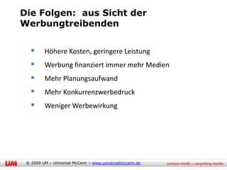 Die Folgen: aus Sicht der
Werbungtreibenden


        Höhere Kosten, geringere Leistung
        Werbung finanziert immer mehr Medien
        Mehr Planungsaufwand
        Mehr Konkurrenzwerbedruck
        Weniger Werbewirkung




 © 2009 UM – Universal McCann – www.universalmccann.de
 