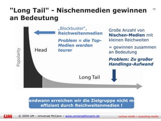 "Long Tail" - Nischenmedien gewinnen                                        29


an Bedeutung
                           „Blockbuster“,                 Große Anzahl von
                           Reichweitenmedien              Nischen-Medien mit
                           Problem = die Top-             kleinen Reichweiten
                           Medien werden                  = gewinnen zusammen
                           teurer                         an Bedeutung
                                                          Problem: Zu großer
                                                          Handlings-Aufwand




    Irgendwann erreichen wir die Zielgruppe nicht mehr
           effizient durch Reichweitenmedien !

  © 2009 UM – Universal McCann – www.universalmccann.de
 