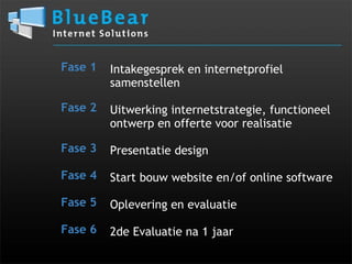 Intakegesprek en internetprofiel samenstellen    Uitwerking internetstrategie, functioneel  ontwerp en offerte voor realisatie    Presentatie design    Start bouw website en/of online software    Oplevering en evaluatie   2de Evaluatie na 1 jaar Fase 1     Fase 2     Fase 3   Fase 4   Fase 5   Fase 6      