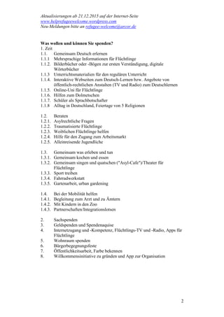Aktualisierungen ab 21.12.2015 auf der Internet-Seite
www.helprefugeewelcome.wordpress.com
Neu-Meldungen bitte an refugee-welcome@arcor.de
2
Was wollen und können Sie spenden?
1. Zeit
1.1. Gemeinsam Deutsch erlernen
1.1.1 Mehrsprachige Informationen für Flüchtlinge
1.1.2. Bilderbücher oder -Bögen zur ersten Verständigung, digitale
Wörterbücher
1.1.3 Unterrichtsmaterialien für den regulären Unterricht
1.1.4. Interaktive Webseiten zum Deutsch-Lernen bzw. Angebote von
öffentlich-rechtlichen Anstalten (TV und Radio) zum Deutschlernen
1.1.5. Online-Uni für Flüchtlinge
1.1.6. Hilfen zum Dolmetschen
1.1.7. Schüler als Sprachbotschafter
1.1.8 Alltag in Deutschland, Feiertage von 5 Religionen
1.2. Beraten
1.2.1. Asylrechtliche Fragen
1.2.2. Traumatisierte Flüchtlinge
1.2.3. Weiblichen Flüchtlinge helfen
1.2.4. Hilfe für den Zugang zum Arbeitsmarkt
1.2.5. Alleinreisende Jugendliche
1.3. Gemeinsam was erleben und tun
1.3.1. Gemeinsam kochen und essen
1.3.2. Gemeinsam singen und quatschen ("Asyl-Cafe")/Theater für
Flüchtlinge
1.3.3. Sport treiben
1.3.4. Fahrradwerkstatt
1.3.5. Gartenarbeit, urban gardening
1.4. Bei der Mobilität helfen
1.4.1. Begleitung zum Arzt und zu Ämtern
1.4.2. Mit Kindern in den Zoo
1.4.3. Partnerschaften/Integrationslotsen
2. Sachspenden
3. Geldspenden und Spendenaquise
4. Internetzugang und -Kompetenz, Flüchtlings-TV und -Radio, Apps für
Flüchtlinge
5. Wohnraum spenden
6. Bürgerbegegnungsfeste
7. Öffentlichkeitsarbeit, Farbe bekennen
8. Willkommensinitiative zu gründen und App zur Organisation
 