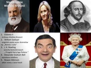 Sławni ludzie wielkiej Brytani
Sławni ludzie
Wielkiej Brytanii
1. Elżbieta II
- królowa Wielkiej Brytanii
2. William Szekspir
- angielski poeta autor dramatów
np. ,,Romeo i Julia’’
3. J. K. Rowling
- autorka bestselerowych
,, Przygód Harry’ego Pottera ‘’
4. Alexander Graham Bell
- wynalazca telefonu
5. Rowan Atkinson
- aktor znany z Jasia Fasoli
 