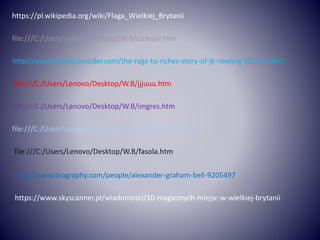 https://pl.wikipedia.org/wiki/Flaga_Wielkiej_Brytanii
file:///C:/Users/Lenovo/Desktop/W.B/szekspir.htm
http://www.businessinsider.com/the-rags-to-riches-story-of-jk-rowling-2015-5?IR=T
file:///C:/Users/Lenovo/Desktop/W.B/jjjuuu.htm
file:///C:/Users/Lenovo/Desktop/W.B/imgres.htm
file:///C:/Users/Lenovo/Desktop/W.B/imgres%20(1).htm
file:///C:/Users/Lenovo/Desktop/W.B/fasola.htm
http://www.biography.com/people/alexander-graham-bell-9205497
https://www.skyscanner.pl/wiadomosci/10-magicznych-miejsc-w-wielkiej-brytanii
 