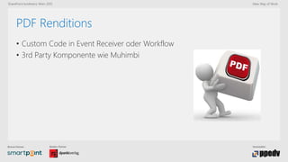 Bronze-Partner: Medien-Partner: Veranstalter:
SharePoint konferenz Wien 2015 New Way of Work
PDF Renditions
• Custom Code in Event Receiver oder Workflow
• 3rd Party Komponente wie Muhimbi
 
