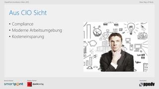 Bronze-Partner: Medien-Partner: Veranstalter:
SharePoint konferenz Wien 2015 New Way of Work
Aus CIO Sicht
• Compliance
• Moderne Arbeitsumgebung
• Kosteneinsparung
 