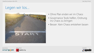 Bronze-Partner: Medien-Partner: Veranstalter:
SharePoint konferenz Wien 2015 New Way of Work
Legen wir los…
• Ohne Plan enden wir im Chaos
• Governance Tools helfen, Ordnung
ins Chaos zu bringen
• Besser: Kein Chaos entstehen lassen
 
