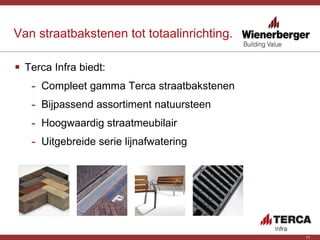 Van straatbakstenen tot totaalinrichting. Terca Infra biedt: Compleet gamma Terca straatbakstenen Bijpassend assortiment natuursteen Hoogwaardig straatmeubilair Uitgebreide serie lijnafwatering 