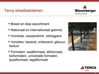 Breed en diep assortiment Nationaal en internationaal gamma Vormbak, wasserstrich, strengpers Variaties: bezand, onbezand, glazuur, textuur Formaten: waalformaat, dikformaat,  keiformaten, universele formaten, ijsselformaat, tegelformaat Terca straatbakstenen. 