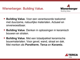 Wienerberger. Building Value. Building Value . Voor een verantwoorde toekomst met duurzame, natuurlijke materialen. Actueel en onverwoestbaar. Building Value . Denken in oplossingen in keramisch bouwen en straten.  Building Value . Met een totaalpakket keramische bouwmaterialen. Voor gevel, wand, straat en dak. Met merken als  Porotherm ,  Terca  en  Koramic . 