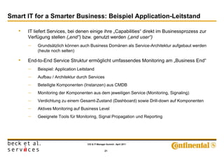 Smart IT for a Smarter Business: Beispiel Application-Leitstand

   •   IT liefert Services, bei denen einige ihre „Capabilities“ direkt im Businessprozess zur
       Verfügung stellen („end“) bzw. genutzt werden („end user“)
          Grundsätzlich können auch Business Domänen als Service-Architektur aufgebaut werden
           (heute noch selten)

   •   End-to-End Service Struktur ermöglicht umfassendes Monitoring am „Business End“
          Beispiel: Application Leitstand
          Aufbau / Architektur durch Services
          Beteiligte Komponenten (Instanzen) aus CMDB
          Monitoring der Komponenten aus dem jeweiligen Service (Monitoring, Signaling)
          Verdichtung zu einem Gesamt-Zustand (Dashboard) sowie Drill-down auf Komponenten
          Aktives Monitoring auf Business Level
          Geeignete Tools für Monitoring, Signal Propagation und Reporting




                                      CIO & IT-Manager Summit - April 2011


                                                      21
 