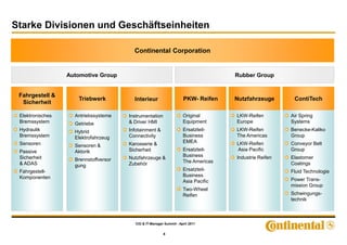 Starke Divisionen und Geschäftseinheiten

                                         Continental Corporation


                  Automotive Group                                                  Rubber Group


 Fahrgestell &
                     Triebwerk           Interieur                   PKW- Reifen    Nutzfahrzeuge       ContiTech
  Sicherheit

 Elektronisches     Antriebssysteme    Instrumentation               Original       LKW-Reifen         Air Spring
 Bremssystem        Getriebe           & Driver HMI                  Equipment      Europe             Systems
 Hydraulik          Hybrid             Infotainment &                Ersatzteil-    LKW-Reifen         Benecke-Kaliko
 Bremssystem        Elektrofahrzeug    Connectivity                  Business       The Americas       Group
 Sensoren                              Karosserie &                  EMEA           LKW-Reifen         Conveyor Belt
                    Sensoren &
 Passive            Aktorik            Sicherheit                    Ersatzteil-    Asia Pacific       Group
 Sicherheit                            Nutzfahrzeuge &               Business       Industrie Reifen   Elastomer
                    Brennstoffversor                                 The Americas
 & ADAS             gung               Zubehör                                                         Coatings
 Fahrgestell-                                                        Ersatzteil-                       Fluid Technologie
 Komponenten                                                         Business
                                                                     Asia Pacific                      Power Trans-
                                                                                                       mission Group
                                                                     Two-Wheel
                                                                     Reifen                            Schwingungs-
                                                                                                       technik



                                         CIO & IT-Manager Summit - April 2011


                                                         4
 