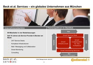 Beck et al. Services – ein globales Unternehmen aus München




 Unternehmensüberblick                                                Themenspektrum im Überblick

                                                                                                            Plan
   80 Mitarbeiter in vier Niederlassungen
   Seit 10 Jahren als Service Provider & Berater am                                                  Smart Service Desk
    Markt
                                                                                                                      Smart




                                                                                     Optimize
         24/7 Service Desks




                                                                                                                                   Build
                                                                                                    Smart          Collaboration
        Komplexe Infrastrukturen                                                               Infrastructure        for the
                                                                                                                    workplace
        Mail / Messaging und Collaboration
        Smart Monitoring
                                                                                                   Smart Monitoring Services
        Consulting
                                                                                                             Run
                                                                                                       (Hosted/ Managed)


                                              CIO & IT-Manager Summit - April 2011


                                                              5
 