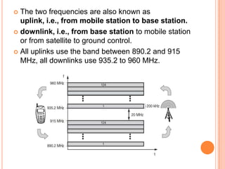  The two frequencies are also known as
  uplink, i.e., from mobile station to base station.
 downlink, i.e., from base station to mobile station
  or from satellite to ground control.
 All uplinks use the band between 890.2 and 915
  MHz, all downlinks use 935.2 to 960 MHz.
 
