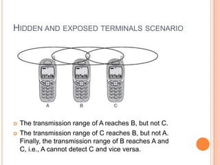 HIDDEN AND EXPOSED TERMINALS SCENARIO




   The transmission range of A reaches B, but not C.
   The transmission range of C reaches B, but not A.
    Finally, the transmission range of B reaches A and
    C, i.e., A cannot detect C and vice versa.
 