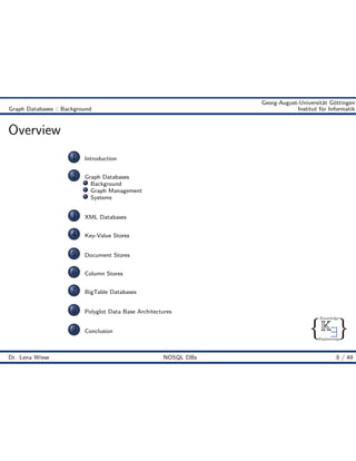 { }
Knowledge
Engineering
K9
Georg-August-Universität Göttingen
Graph Databases :: Background Institut für Informatik
Overview
1 Introduction
2 Graph Databases
Background
Graph Management
Systems
3 XML Databases
4 Key-Value Stores
5 Document Stores
6 Column Stores
7 BigTable Databases
8 Polyglot Data Base Architectures
9 Conclusion
Dr. Lena Wiese NOSQL DBs 8 / 49
 