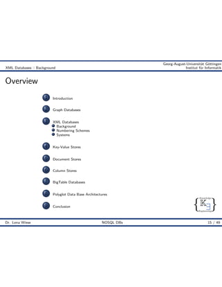 { }
Knowledge
Engineering
K9
Georg-August-Universität Göttingen
XML Databases :: Background Institut für Informatik
Overview
1 Introduction
2 Graph Databases
3 XML Databases
Background
Numbering Schemes
Systems
4 Key-Value Stores
5 Document Stores
6 Column Stores
7 BigTable Databases
8 Polyglot Data Base Architectures
9 Conclusion
Dr. Lena Wiese NOSQL DBs 15 / 49
 