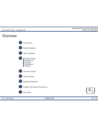 { }
Knowledge
Engineering
K9
Georg-August-Universität Göttingen
Key-Value Stores :: Background Institut für Informatik
Overview
1 Introduction
2 Graph Databases
3 XML Databases
4 Key-Value Stores
Background
Systems
MapReduce
Systems
5 Document Stores
6 Column Stores
7 BigTable Databases
8 Polyglot Data Base Architectures
9 Conclusion
Dr. Lena Wiese NOSQL DBs 20 / 49
 