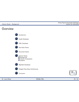 { }
Knowledge
Engineering
K9
Georg-August-Universität Göttingen
Column Stores :: Background Institut für Informatik
Overview
1 Introduction
2 Graph Databases
3 XML Databases
4 Key-Value Stores
5 Document Stores
6 Column Stores
Background
Column Compression
Systems
7 BigTable Databases
8 Polyglot Data Base Architectures
9 Conclusion
Dr. Lena Wiese NOSQL DBs 29 / 49
 