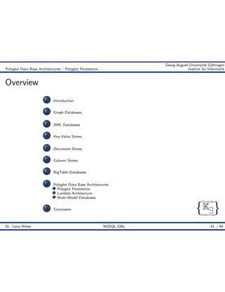 { }
Knowledge
Engineering
K9
Georg-August-Universität Göttingen
Polyglot Data Base Architectures :: Polyglot Persistence Institut für Informatik
Overview
1 Introduction
2 Graph Databases
3 XML Databases
4 Key-Value Stores
5 Document Stores
6 Column Stores
7 BigTable Databases
8 Polyglot Data Base Architectures
Polyglot Persistence
Lambda Architecture
Multi-Model Databases
9 Conclusion
Dr. Lena Wiese NOSQL DBs 41 / 49
 