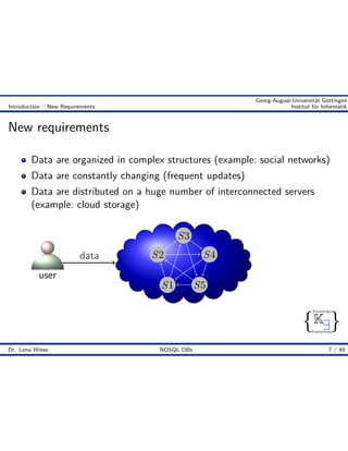 { }
Knowledge
Engineering
K9
Georg-August-Universität Göttingen
Introduction :: New Requirements Institut für Informatik
New requirements
Data are organized in complex structures (example: social networks)
Data are constantly changing (frequent updates)
Data are distributed on a huge number of interconnected servers
(example: cloud storage)
user
S1
S2
S3
S4
S5
data
Dr. Lena Wiese NOSQL DBs 7 / 49
 