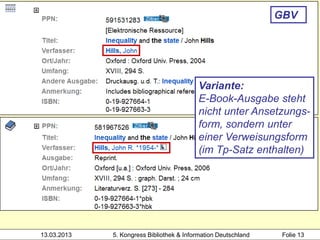 GBV




                                           Variante:
                                           E-Book-Ausgabe steht
                                           nicht unter Ansetzungs-
                                           form, sondern unter
                                           einer Verweisungsform
                                           (im Tp-Satz enthalten)




13.03.2013   5. Kongress Bibliothek & Information Deutschland    Folie 13
 