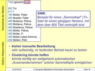 Hochschule der Medien



                                             SWB:
                                             Beispiel für einen „Sammeltopf“ (Tn-
                                             Satz für einen gängigen Namen), mit
                                             dem über 600 Titel verknüpft sind
Heidrun Wiesenmüller




                        • bisher manuelle Bearbeitung
                          sehr aufwendig, im laufenden Betrieb kaum zu leisten
                        • Clustering könnte helfen
                          könnte künftig ein weitgehend automatisches
                          „Auseinandernehmen“ solcher Sammeltöpfe ermöglichen

                          13.03.2013     5. Kongress Bibliothek & Information Deutschland   Folie 15
 