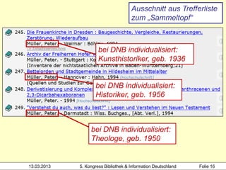 Ausschnitt aus Trefferliste
                                      zum „Sammeltopf“



                      bei DNB individualisiert:
                      Kunsthistoriker, geb. 1936


                    bei DNB individualisiert:
                    Historiker, geb. 1956



                  bei DNB individualisiert:
                  Theologe, geb. 1950


13.03.2013   5. Kongress Bibliothek & Information Deutschland   Folie 16
 