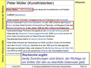 Hochschule der Medien
Heidrun Wiesenmüller                                                                           Wikipedia




                                     Recherche ergibt:
                                     beide Zuordnungen sind falsch, der Richtige ist
                                     ein Dritter (für den es ebenfalls Datensatz gibt)
                        13.03.2013          5. Kongress Bibliothek & Information Deutschland       Folie 18
 