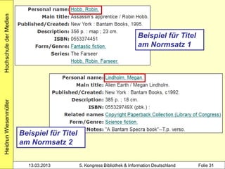Hochschule der Medien




                                                                          Beispiel für Titel
                                                                          am Normsatz 1
Heidrun Wiesenmüller




                        Beispiel für Titel
                        am Normsatz 2

                          13.03.2013         5. Kongress Bibliothek & Information Deutschland   Folie 31
 