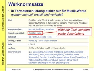 Hochschule der Medien
                        Werknormsätze
                        • in Formalerschließung bisher nur für Musik-Werke
                          werden manuell erstellt und verknüpft



                                                                     nicht nur Text, sondern
                                                                     echte Verknüpfung
Heidrun Wiesenmüller




                          13.03.2013    5. Kongress Bibliothek & Information Deutschland   Folie 41
 