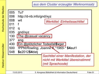 Hochschule der Medien
                                         aus dem Cluster erzeugter Werknormsatz

                        005   Tu7
                        006   http://d-nb.info/gnd/xyz
                        008   wit                  Werktitel: Einheitssachtitel
                        011   f
                        012   q
                        035   gnd/xyz
                        130   The @casual vacancy
                        377   eng
                        430   Ein @plötzlicher Todesfall$vger
Heidrun Wiesenmüller




                        500   !PPN!Rowling, Joanne K.*1965-* $4aut1
                        548   $c2012$4datj
                                                 Sachtitel einer Manifestation, der
                                                 nicht mit Werktitel übereinstimmt
                                                 (mit Sprachcode)

                         13.03.2013       5. Kongress Bibliothek & Information Deutschland   Folie 51
 